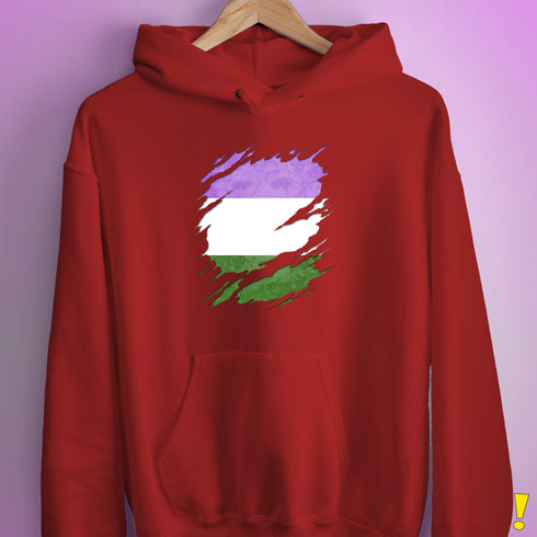 Genderqueer Pride Flag Ripped Reveal Hoodie - Red